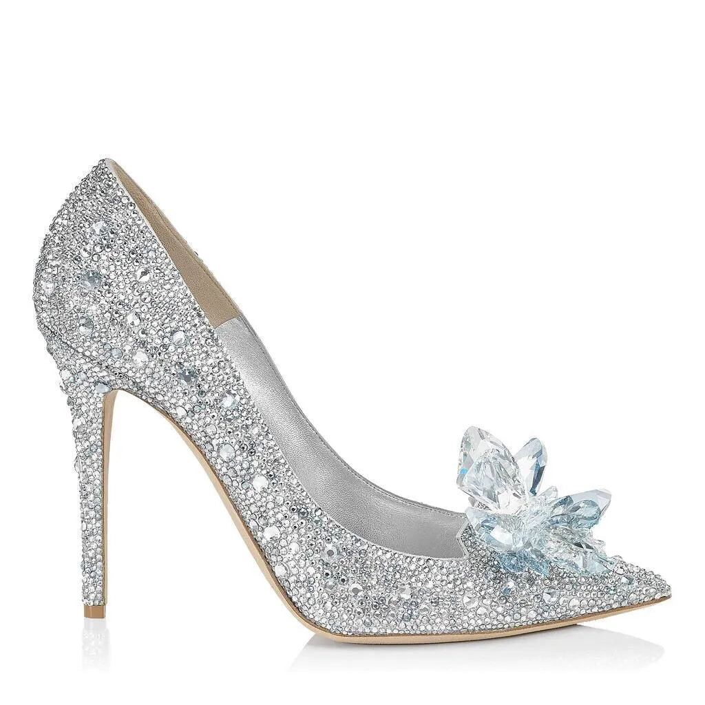 Women's gold pointed toe high heels with rhinestone sequin decoration and stiletto heel