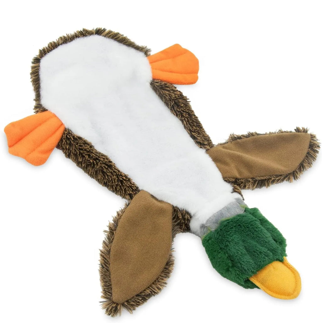 Green wild duck stuffless dog chew toy with squeakers and bottle insert cavity.