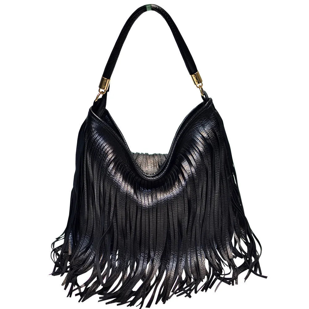 Double-sided tassel handbag in black or brown PU, 33cm wide, 29cm high, 6cm thick, with adjustable 124cm strap.