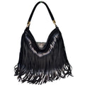 Double-sided tassel handbag in black or brown PU, 33cm wide, 29cm high, 6cm thick, with adjustable 124cm strap.