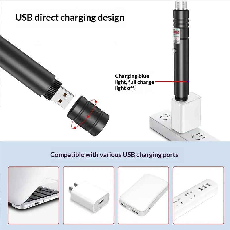 USB-charging infrared cat laser pointer in black aluminium alloy with green light and starry-sky rotating head