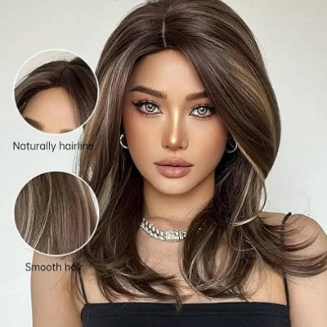 Mid-length curly full-head wig in platinum gradient colour with long bangs