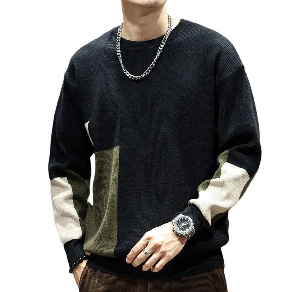 Men's black high sense colour contrast patchwork loose-fitting oversized polyester sweater with long sleeves