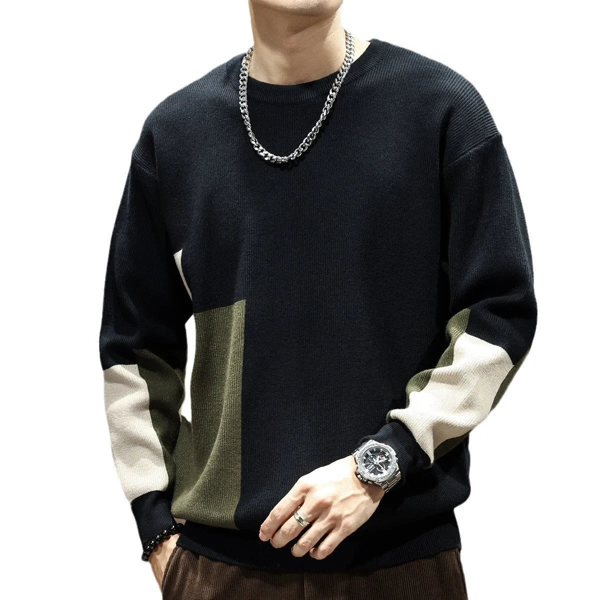 Men's black high sense colour contrast patchwork loose-fitting oversized polyester sweater with long sleeves