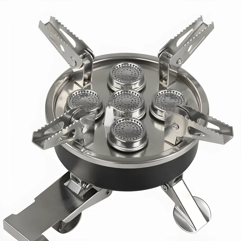 Silver portable split camping stove with fuel hose, shown folded, for outdoor picnic and backpacking.