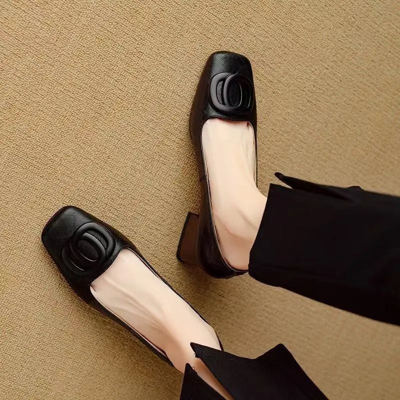 Women's microfiber pumps chunky heel buckle detail light brown square toe shallow mouth