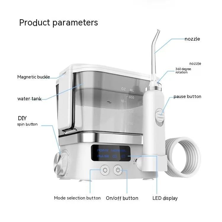 White handheld portable oral irrigator with 600ml water tank and IPX4 waterproof rating