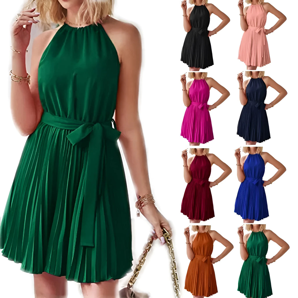 Women's black halter neck strapless dress with a pleated chiffon skirt and adjustable waist belt.