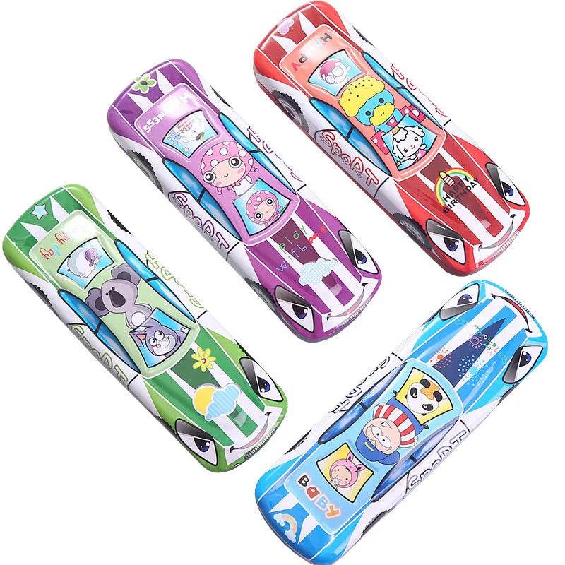 Tinplate metal stationery box with cartoon racing car design and double-layer compartments