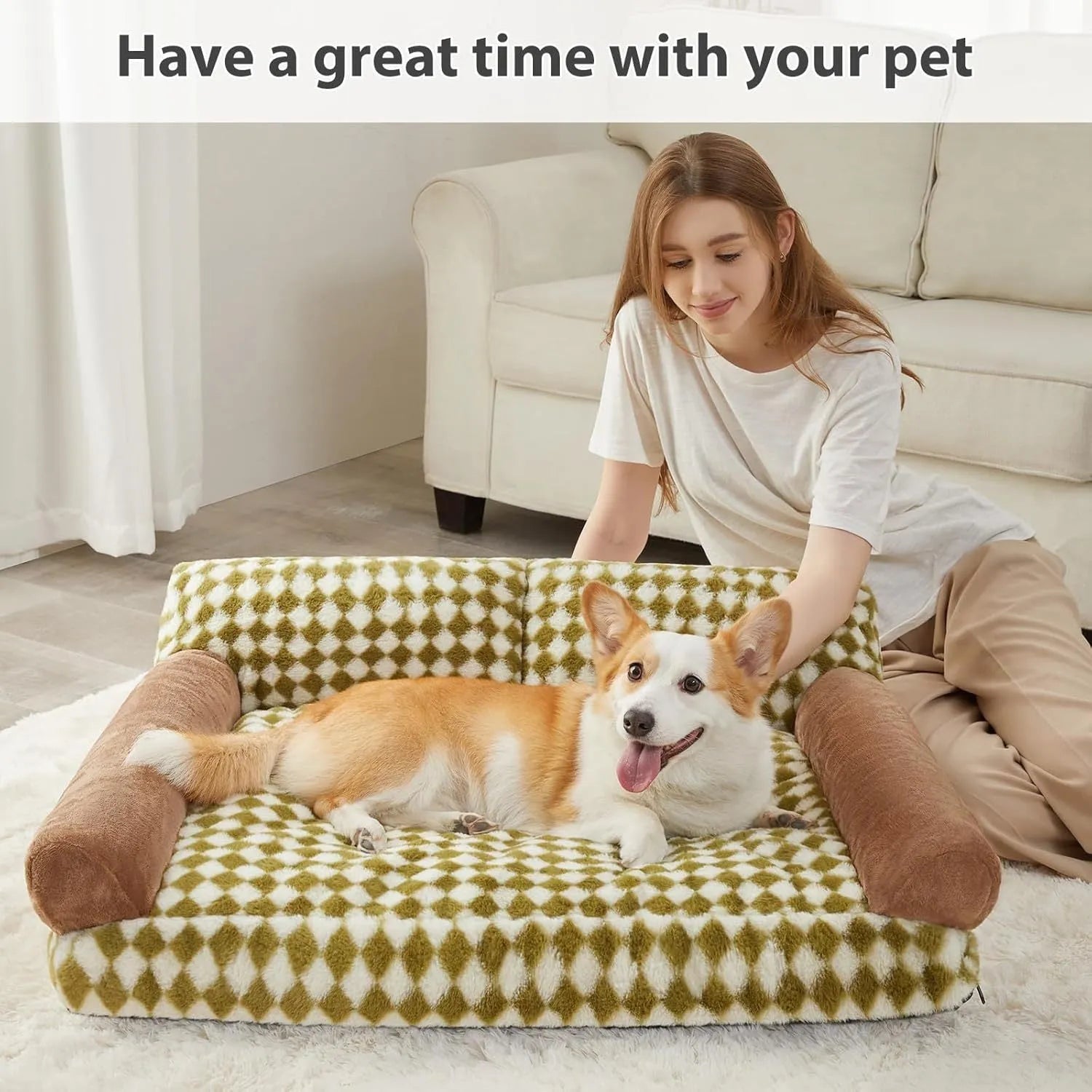 Pet couch bed for small dogs and cats with checkered pattern and non-slip bottom, white and grey, in a living room