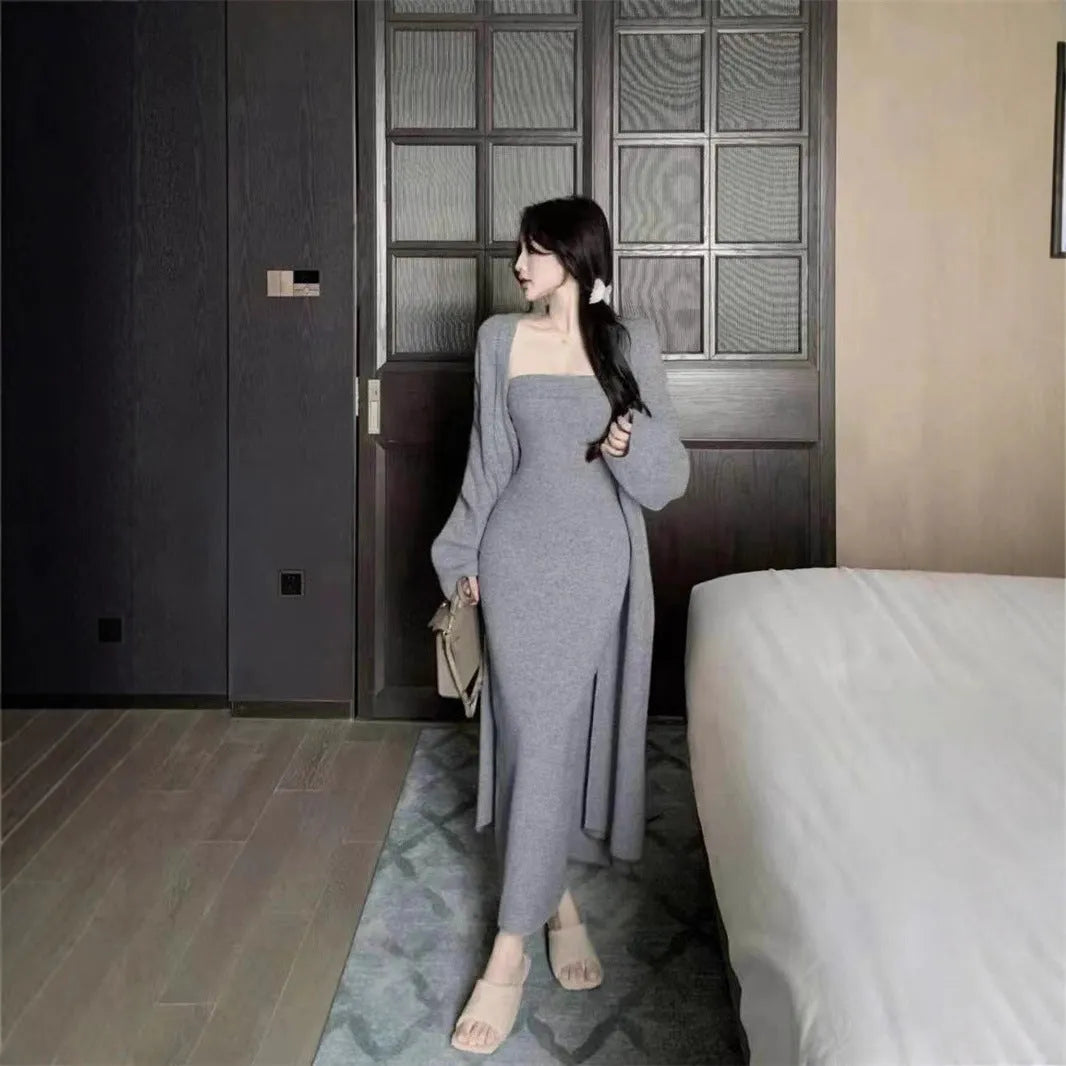 Women's grey knitted dress and coat suit set with flocked texture