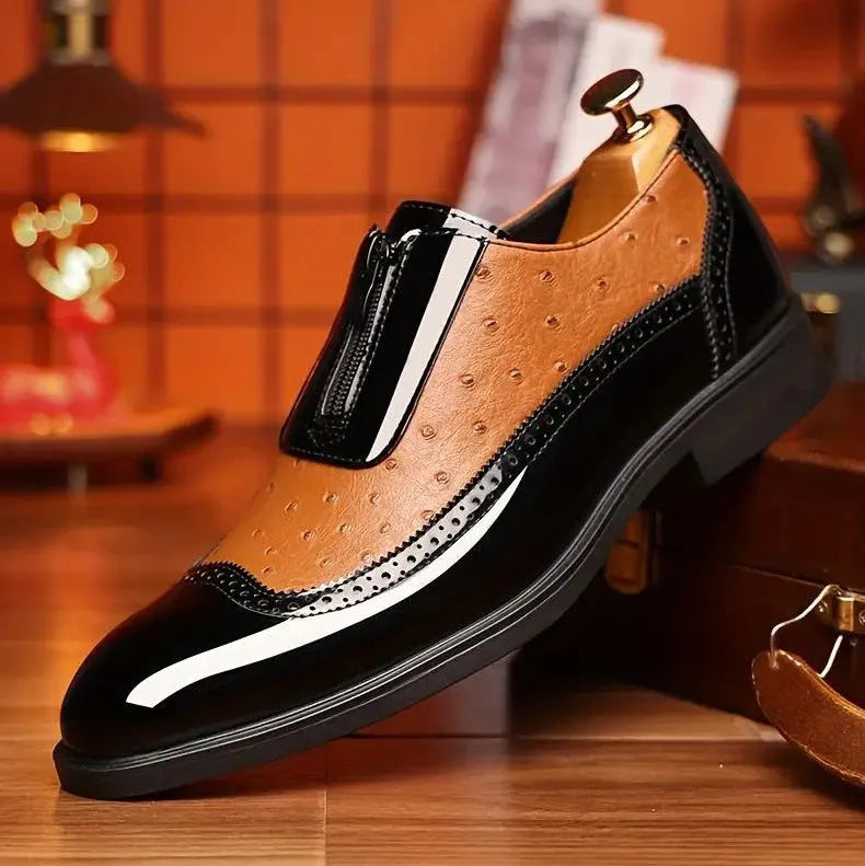 Men's black ostrich grain Chelsea shoe with pointed toe and zip fastening, size 39-47