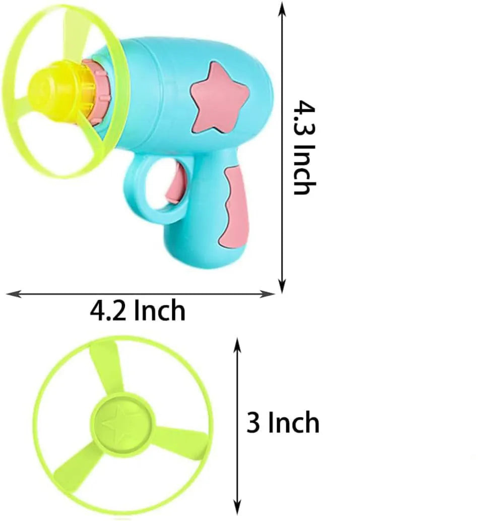 Blue plastic cat toy gun with spinning Frisbee disc for indoor cat play