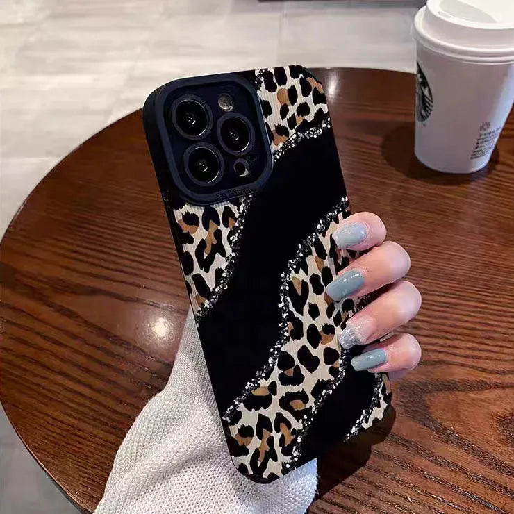Black stitching leopard print imitation leather drop-resistant phone case for Apple iPhone models