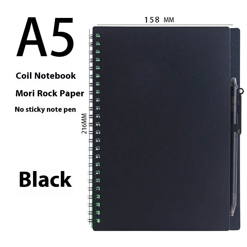 Erasable coil notebook with customisable cover options, featuring waterproof rock paper and included pen