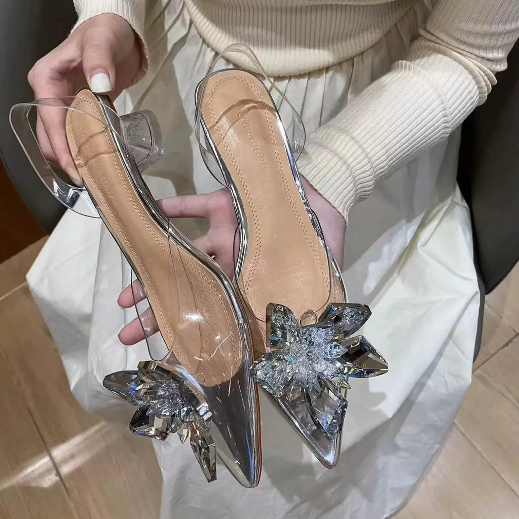 Transparent women's high heels with crystal flower decoration on heel