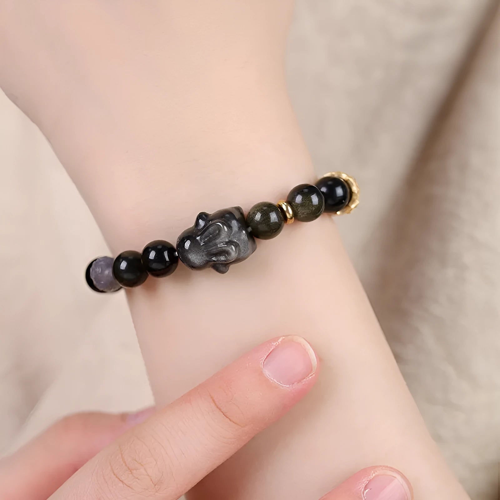 Handmade lying rabbit obsidian bracelet with brass charm and grey agate beads in two sizes