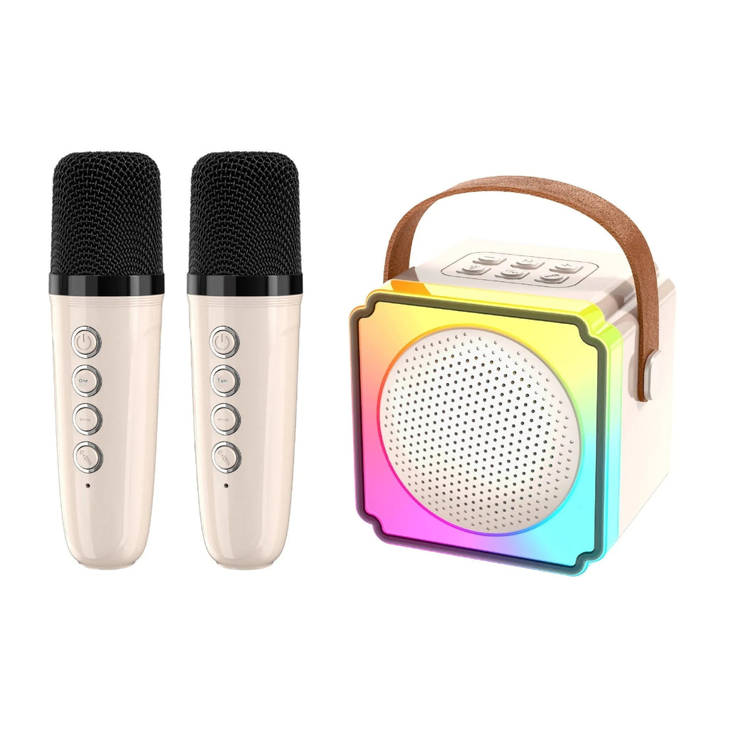 Double microphone karaoke speaker set with USB power and card insertion in creamy-white, pink or light blue