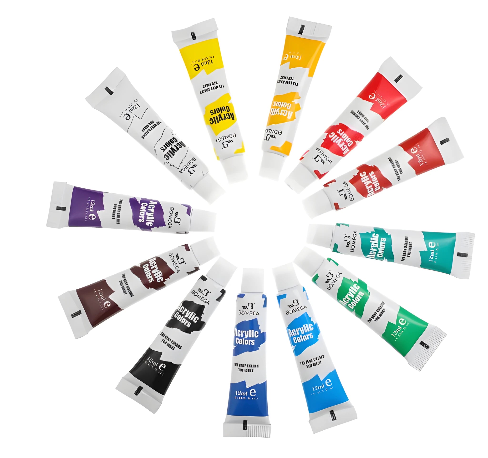 Twelve-colour multi-medium artist paint set showing tubes for acrylic, gouache, watercolour and oil painting techniques