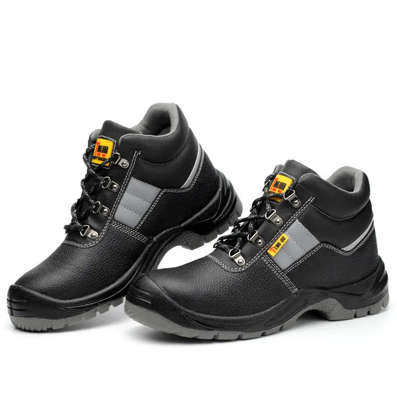 Men's black steel toe safety boots with cowhide leather upper and high-top design