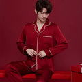 Red ice silk wedding dowry sleepwear set for men and women with long sleeves and trousers