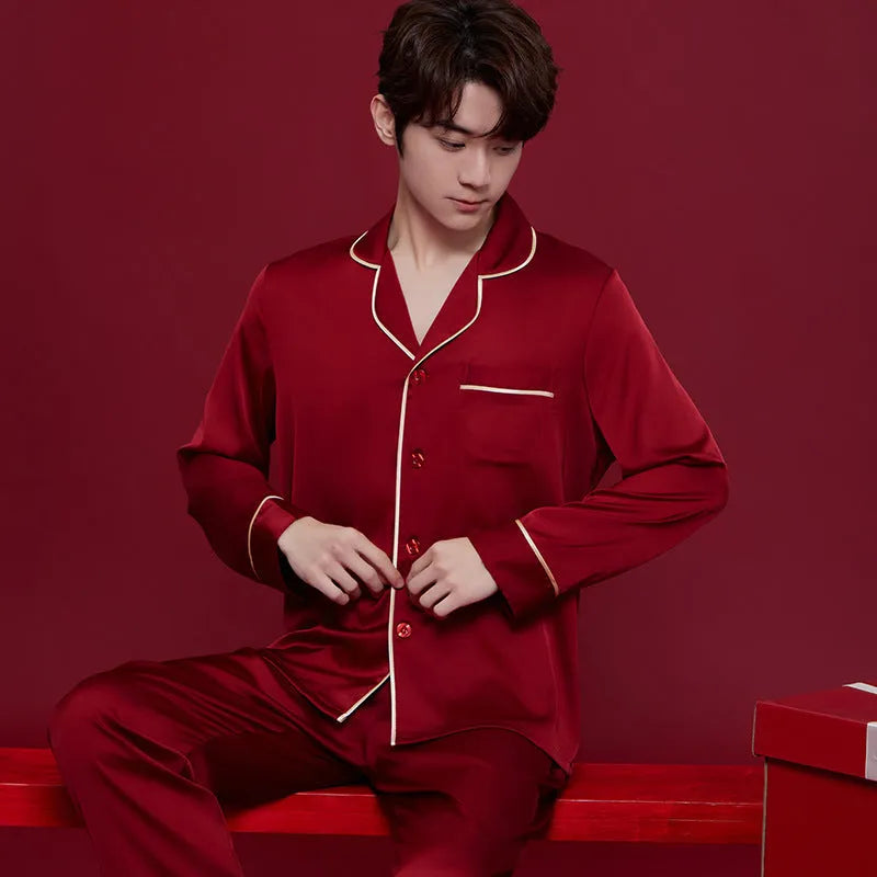 Red ice silk wedding dowry sleepwear set for men and women with long sleeves and trousers