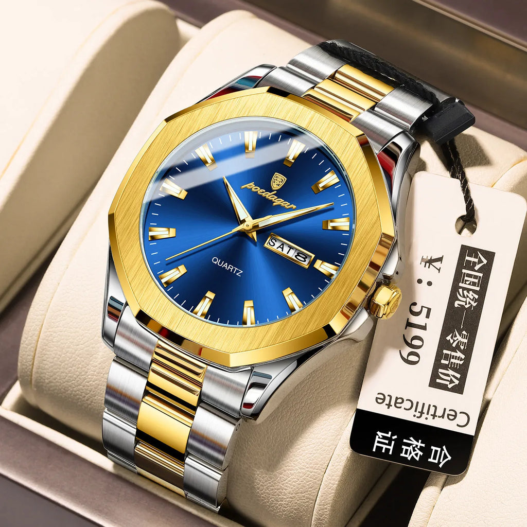 Men's thin steel quartz watch with a business-style case and bracelet on a wrist.