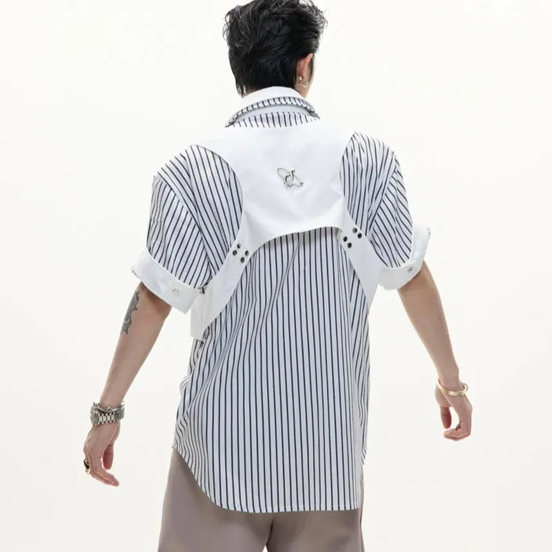 Men's black and white striped cotton shirt with double lapel collar and short sleeves