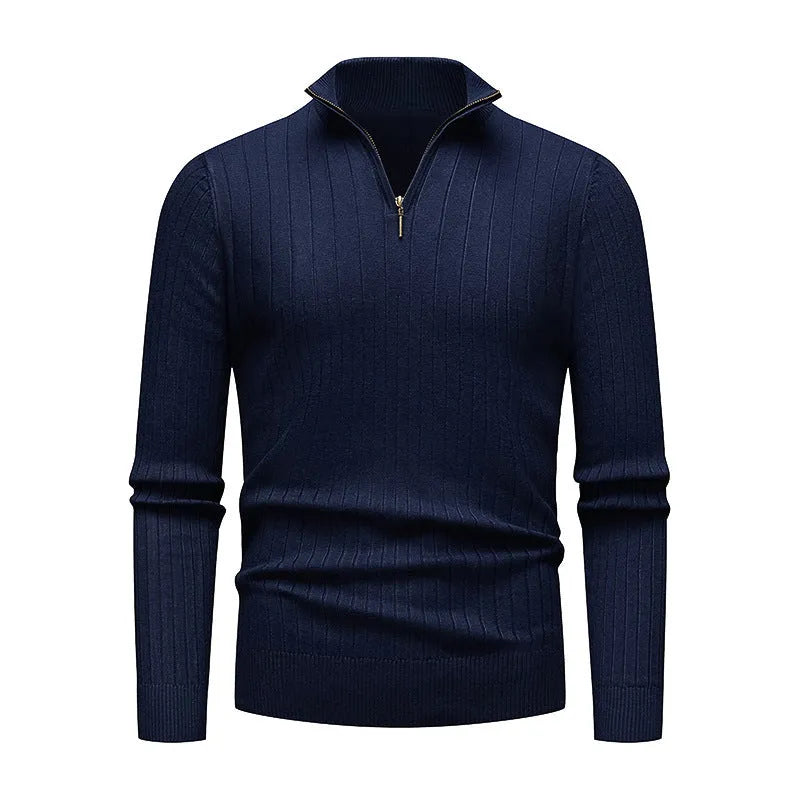 Men's half zip striped knit sweater, loose fit, stand collar, long sleeve, available in five colours M to XXXL