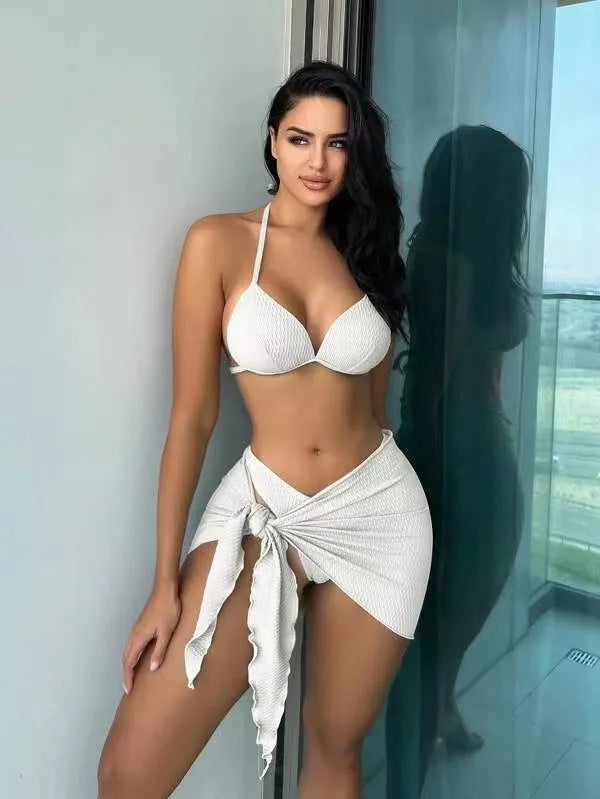 Women's three-piece Russian split swimsuit set in avocado green, showing top, panties, and skirt.