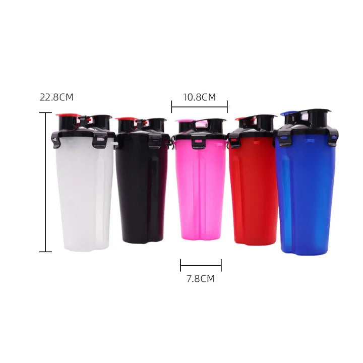 White portable pet cup showing separate water bottle and food container compartments.