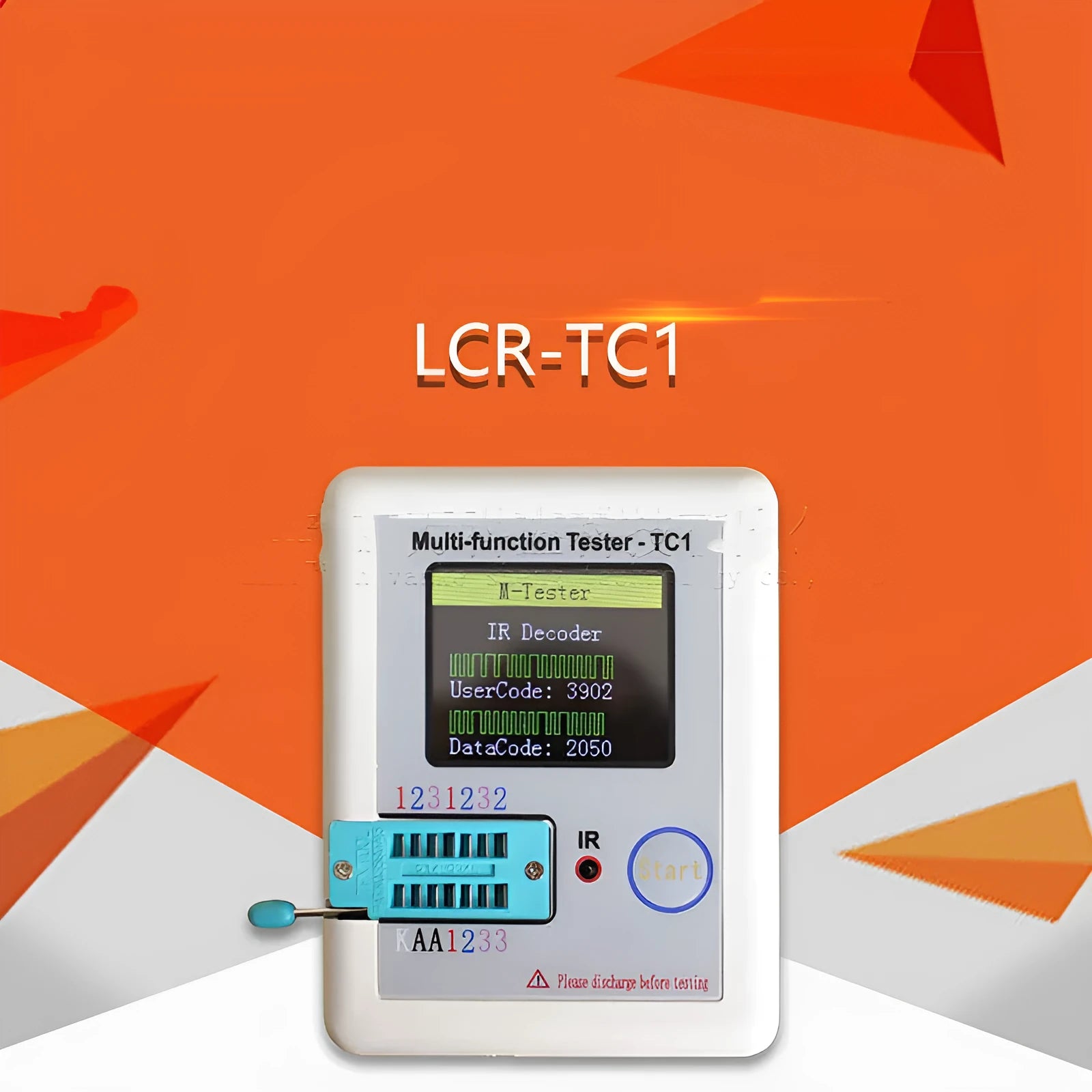 LCR-TC1 multi-function transistor tester with full colour screen showing component test results on portable 90x70x10mm device