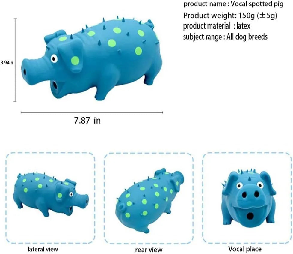 Latex pig-shaped dog chew toy with protruding texture and squeaker in various colours