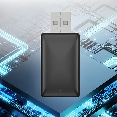 Black 2-in-1 wireless car adapter with USB port and aluminium alloy construction