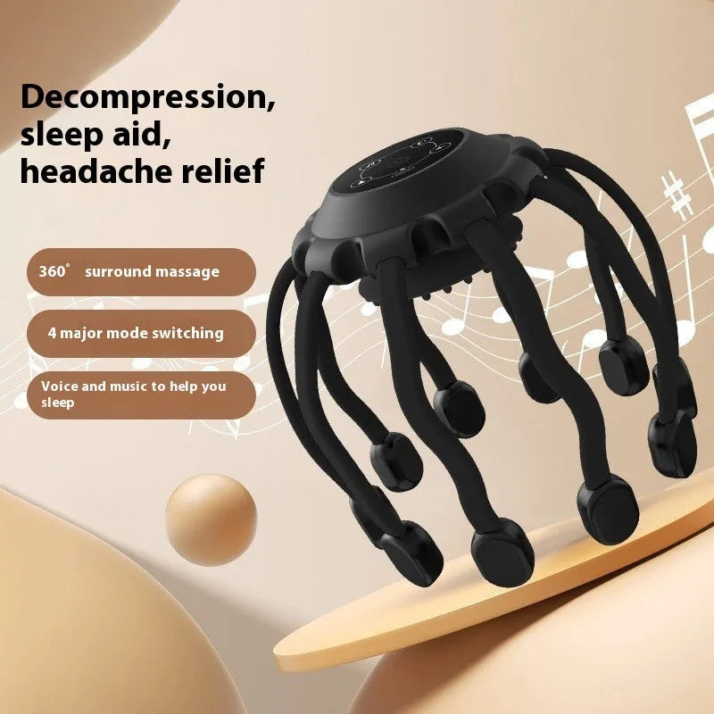 Black handheld electric head massager with multiple claws on a white background.