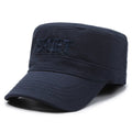 Men's adjustable flat-top peaked cotton cap in army green with English letter detailing on the front