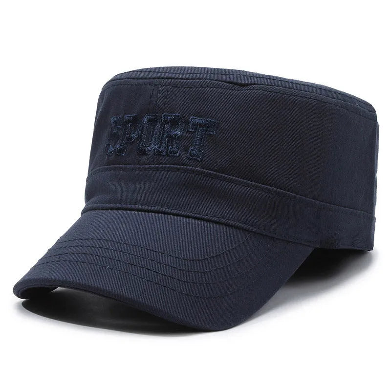 Men's adjustable flat-top peaked cotton cap in army green with English letter detailing on the front