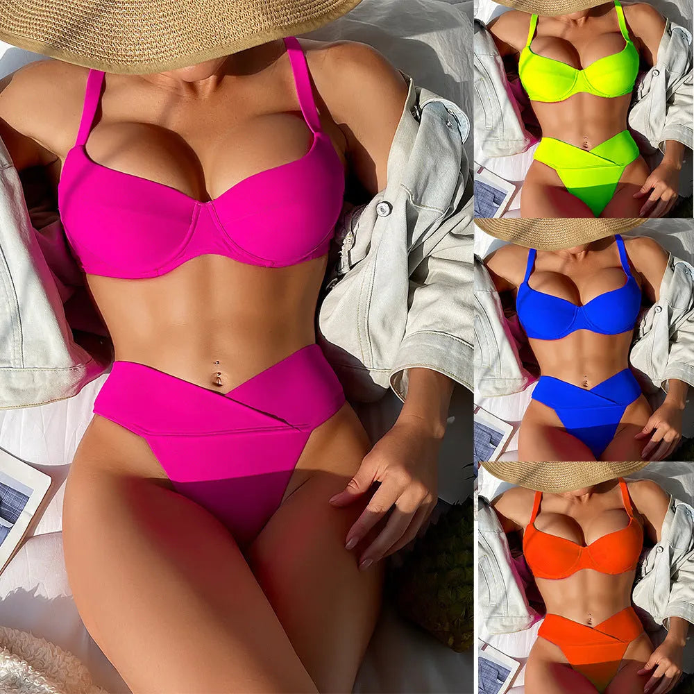 Women's solid colour bikini swimsuit with briefs design in fluorescent and black colour options