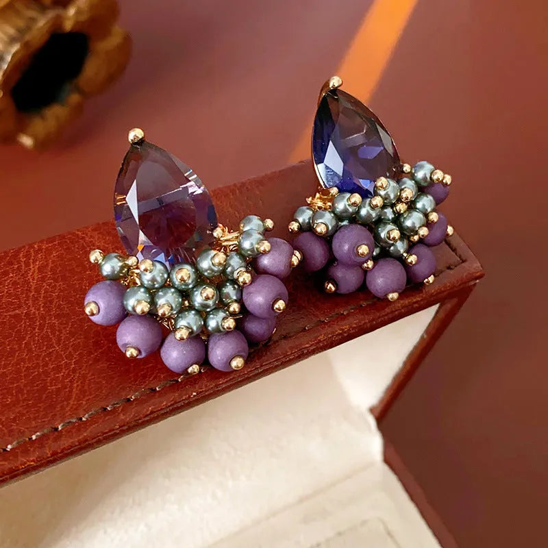 Retro alloy zircon tassel earrings in purple droplet colour with silver needle post