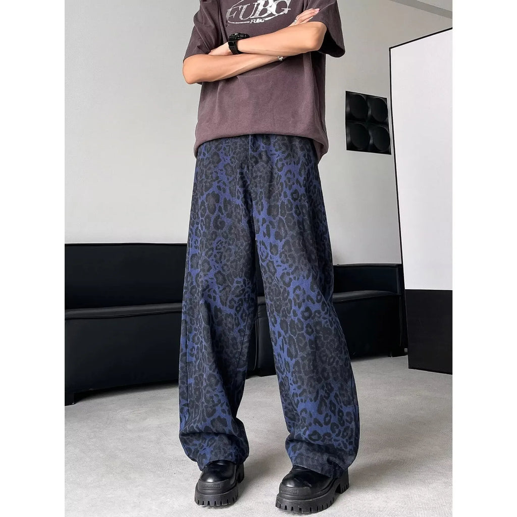 American Retro blue leopard print wide-leg cotton trousers for teenagers, loose straight cut with zipper fly