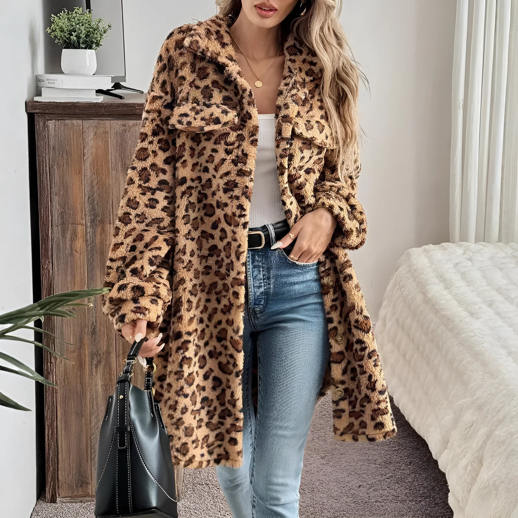 Women's double-sided plush cardigan long coat in dark brown animal pattern, long sleeves, sizes S-XL.
