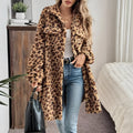 Women's double-sided plush cardigan long coat in dark brown animal pattern, long sleeves, sizes S-XL.
