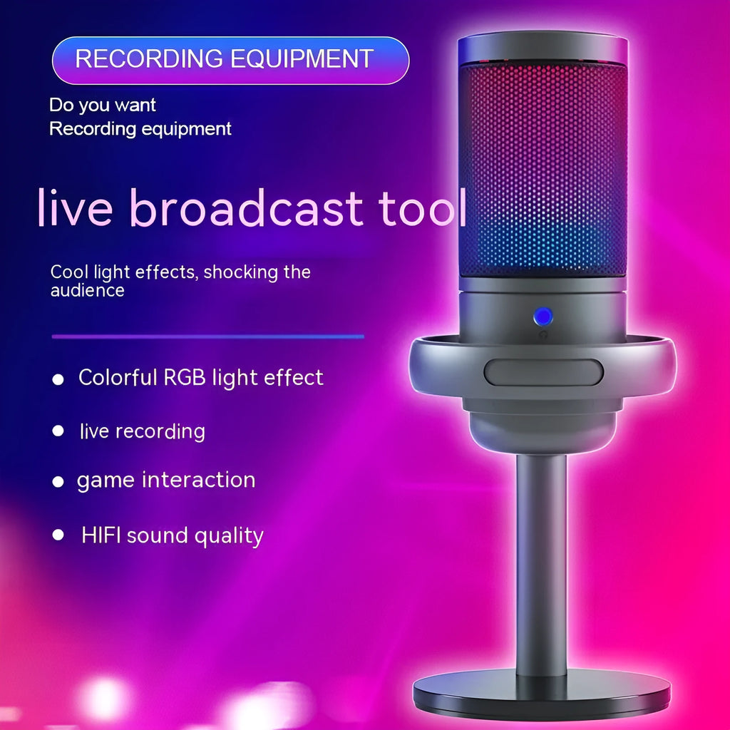 USB condenser microphone with RGB lighting in black, white, or pink for live streaming