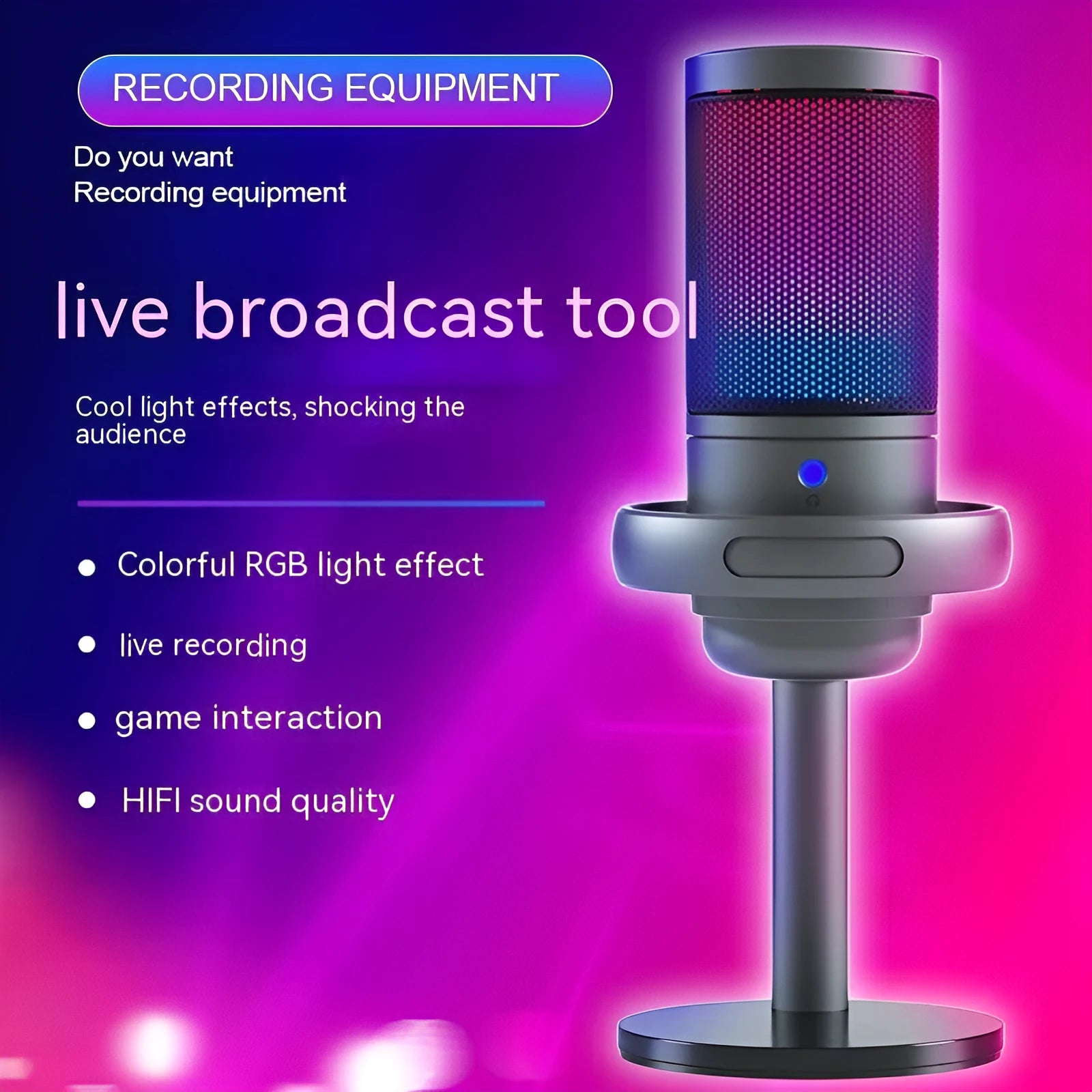 USB condenser microphone with RGB lighting in black, white, or pink for live streaming