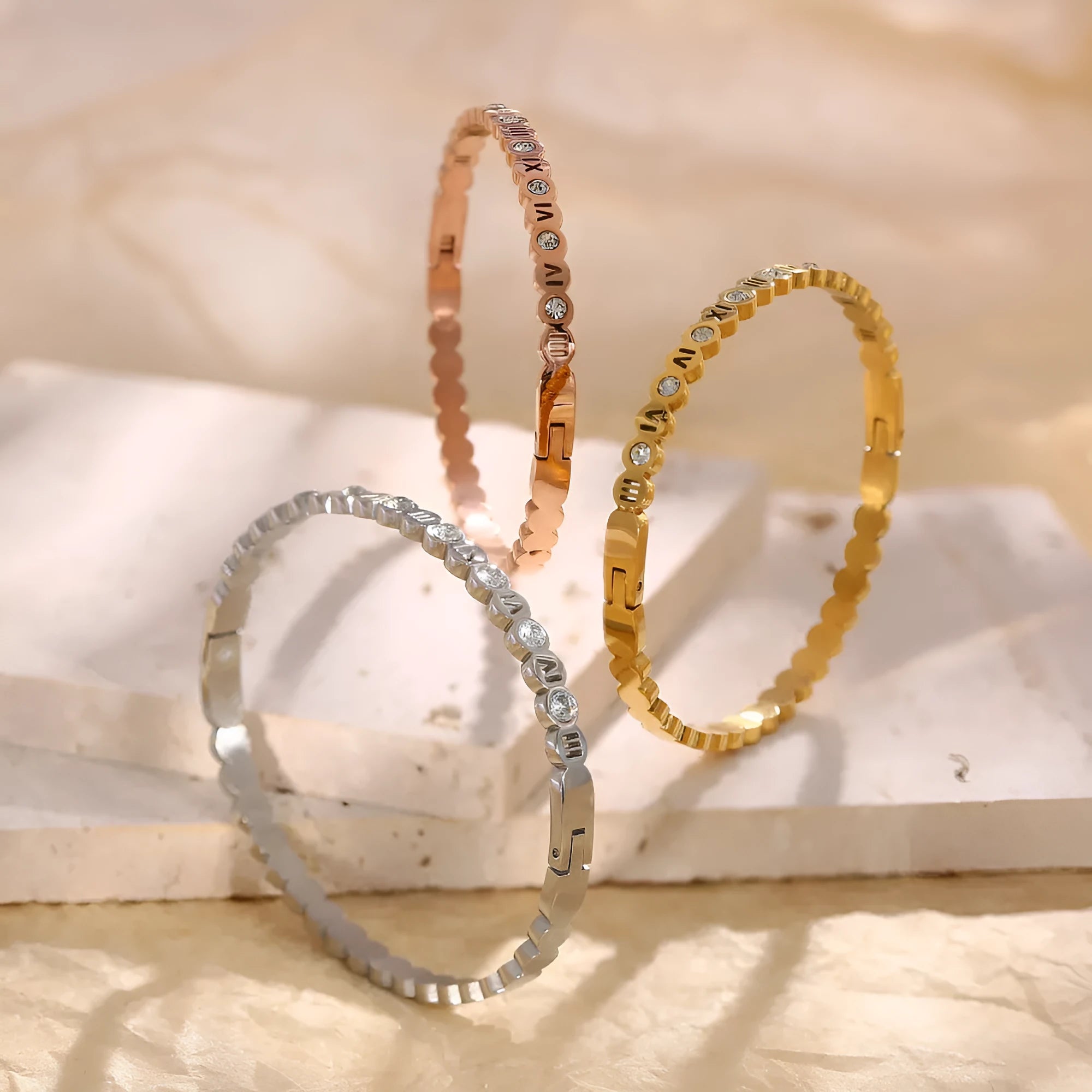 Titanium steel Korean style bracelet with number decorations in gold, rose gold or steel colour