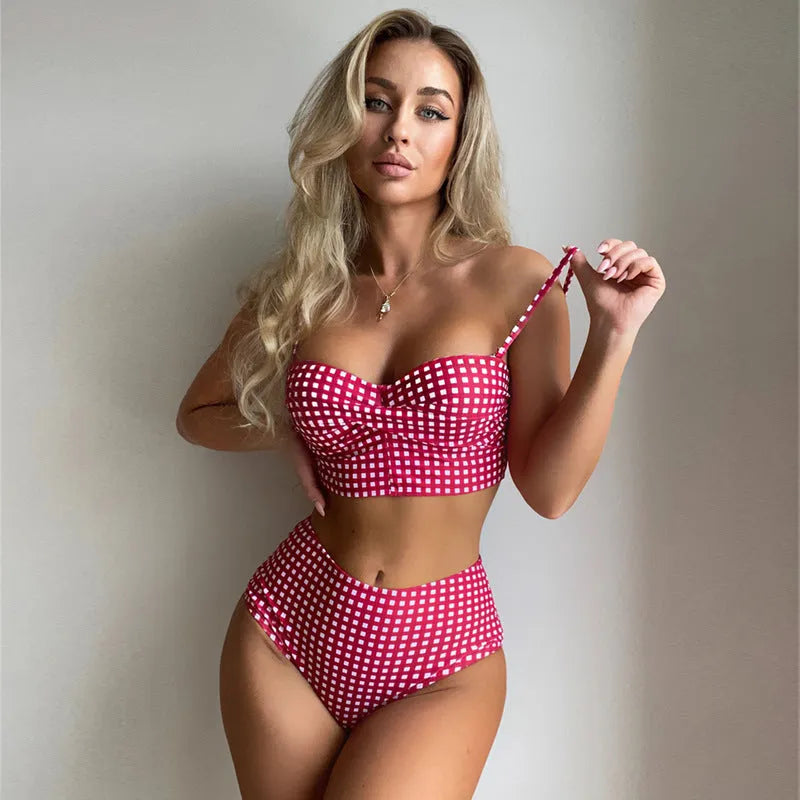 Women's high waist bikini swimsuit with plaid split design in four colour options