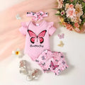 Peach baby girl two-piece summer suit with short sleeve shirt, shorts and letter print.