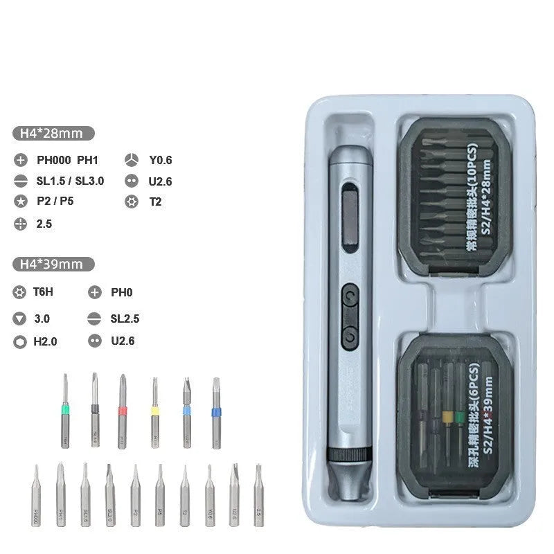 Compact aluminium alloy electric screwdriver showing its 134.5mm length and ergonomic handle design.