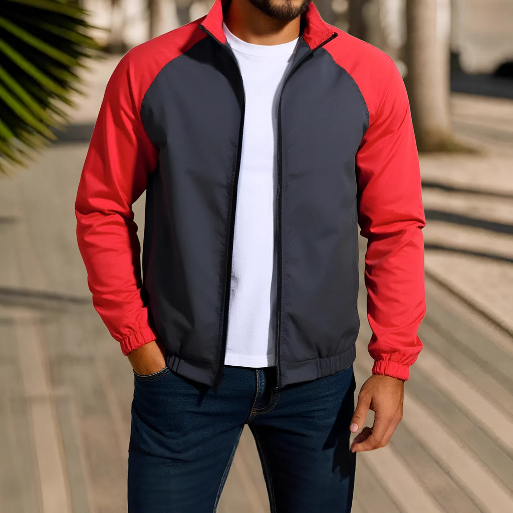 Men's casual stand collar jacket with raglan sleeves in red, khaki, or green colour options