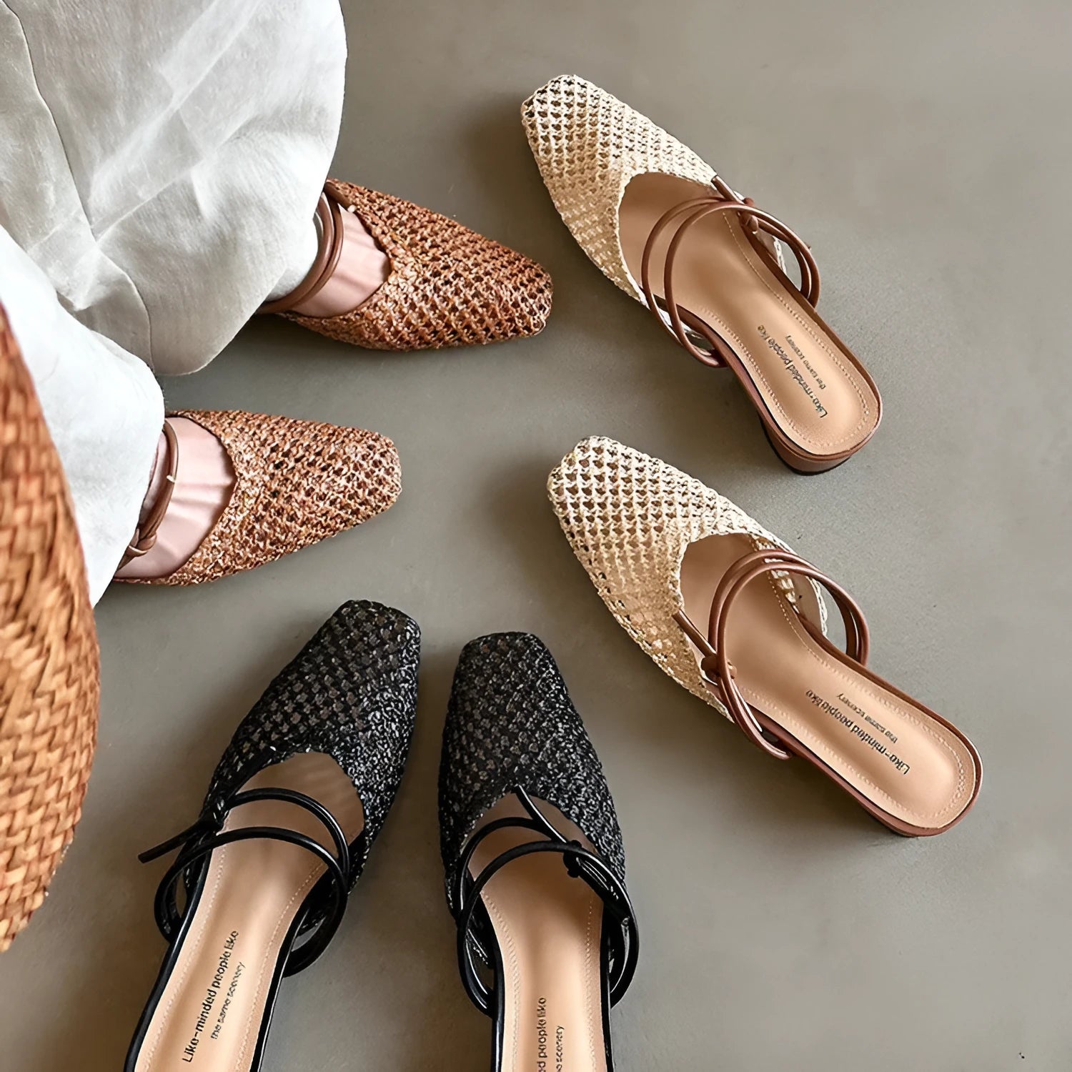 Women's square toe chunky heel slippers in beige, showing hollow-out breathable design and rubber sole.